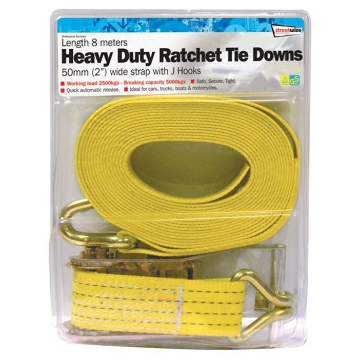 Streetwize 50mm/8m Heavy Duty Ratchet Tie Down With J Hooks SWTD8 3 Streetwize 50mm/8m Heavy Duty Ratchet Tie Down With J Hooks SWTD8